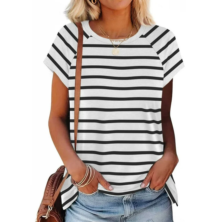 Ayolanni Womens Tee Shirts Cotton Striped Short Sleeve White Crew Neck T-Shirts Teens Shirts L | Walmart (US)