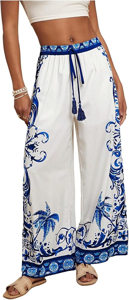 MakeMeChic Women's Boho Floral Wide Leg Summer Vacation Pants Drawstring Elastic Waist Loose Beac... | Amazon (US)