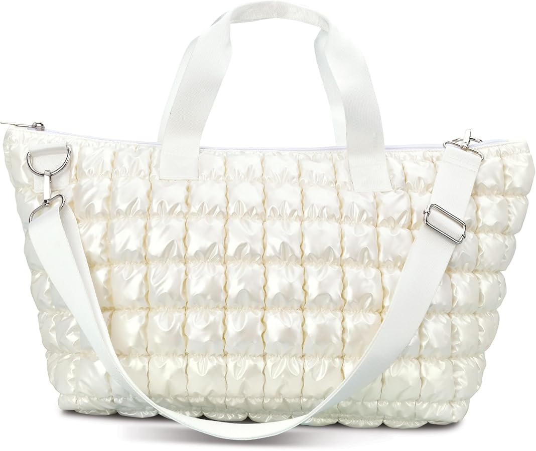 iscream 18" x 9.5" Shiny Quilted Puffer Travel Tote Bag with Dual Handles, Removable Adjustable S... | Amazon (US)