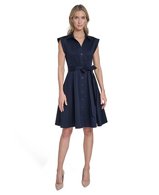 Women's Belted Button-Front Collared Fit-and-Flare Dress | Macy's