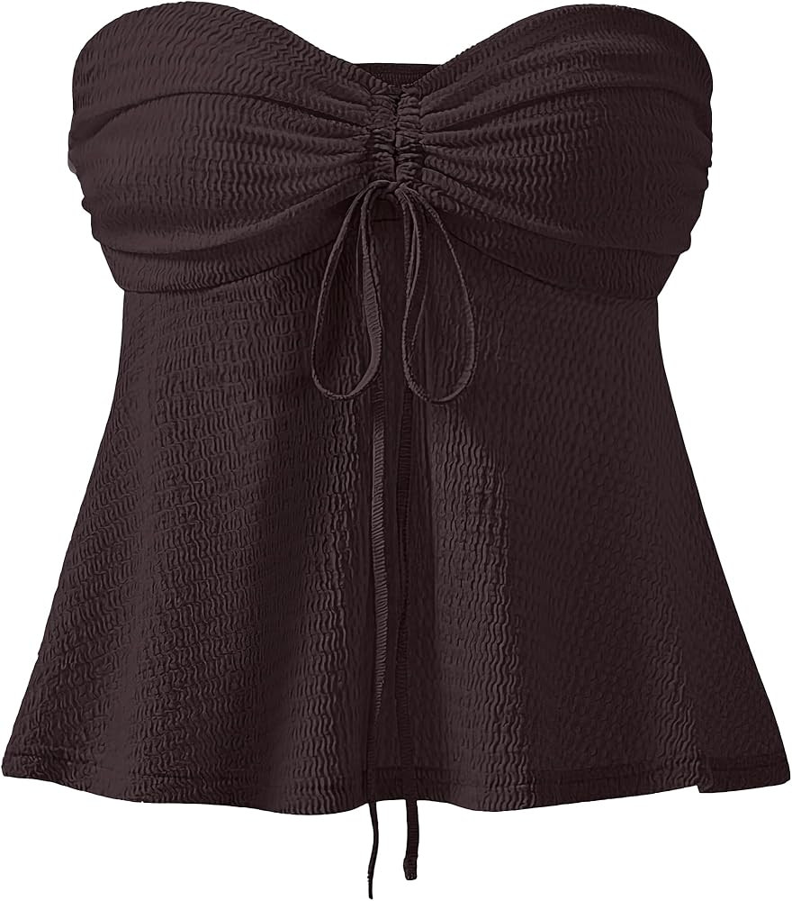 ANRABESS Womens Tube Top Summer Strapless Tie Front Ruched Peplum Flared Hem Cute Bandeau Halter ... | Amazon (US)