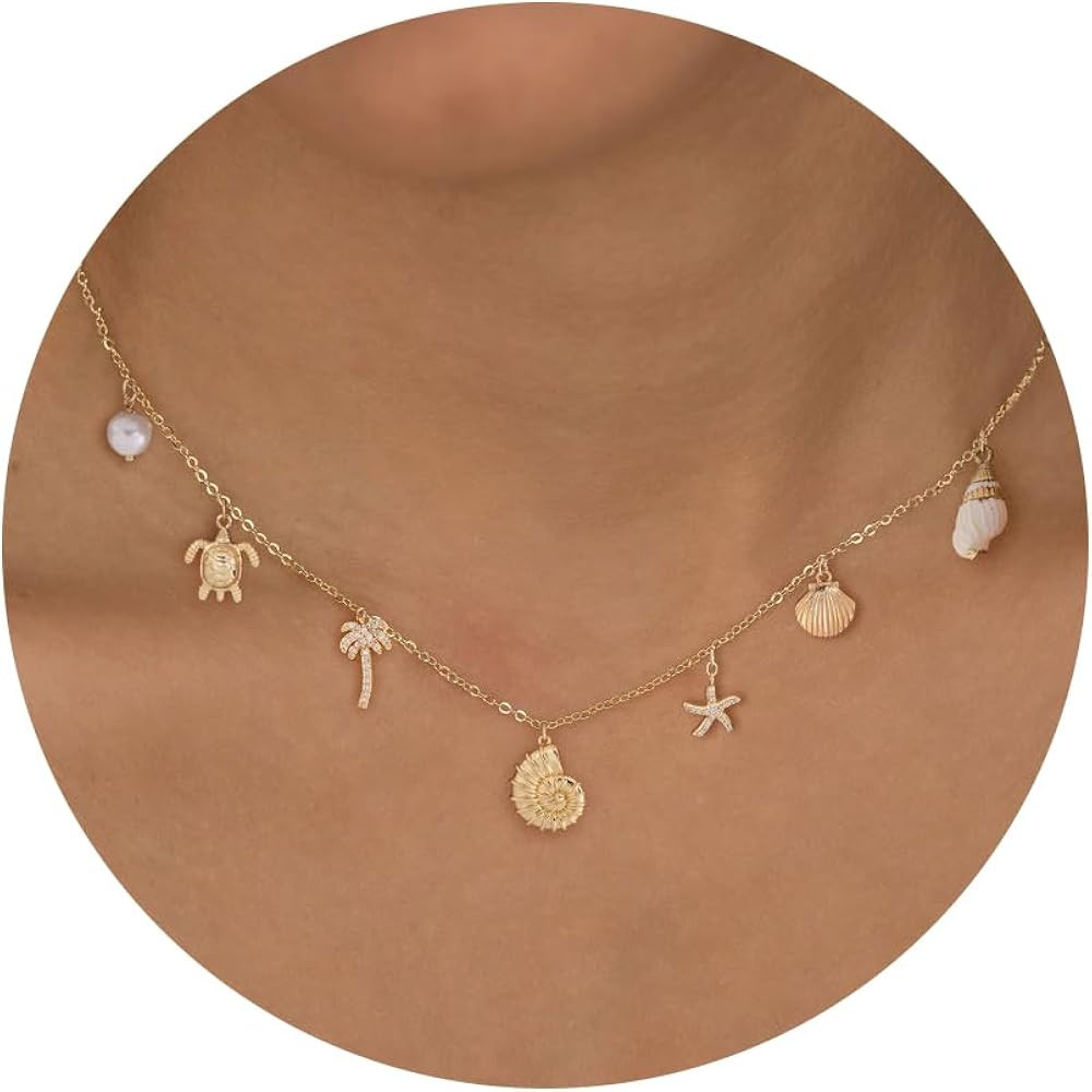 Gold Necklace for Women-14K Gold Plated Charm Necklace Shell Necklace Conch Shell Necklace Turtle... | Amazon (US)