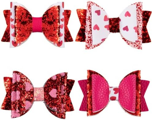 Whaline 4 Pack Valentine's Day Bow Clips Glitter Red Pink Hair Pins Sweet Heart Bow Hair Barrette... | Amazon (US)