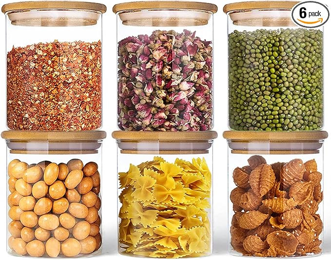 Spice Jars with Bamboo Lids,Deweey Spice Jars Set of 6 16oz Glass Jars with Airtight Bamboo Lids,... | Amazon (US)