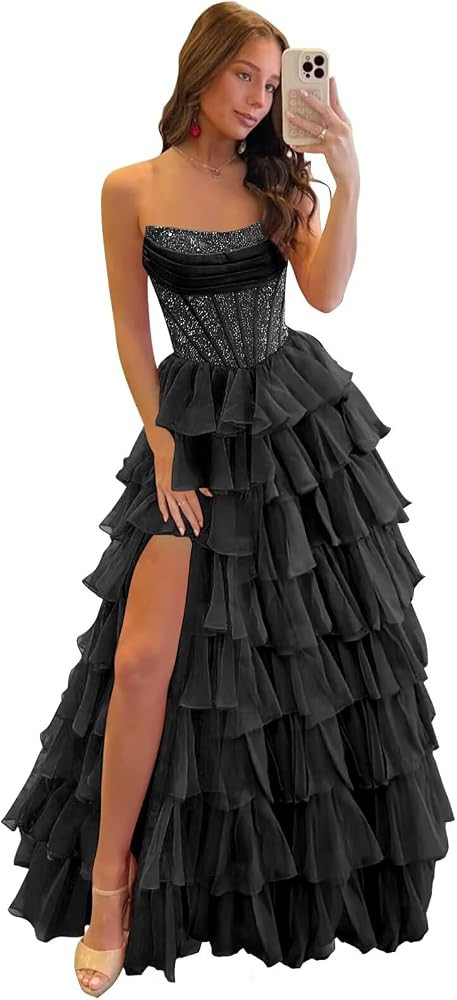 Strapless Prom Dress Tiered Ruffle Sparkly Formal Evening Party Cocktail Gown with Slit | Amazon (US)
