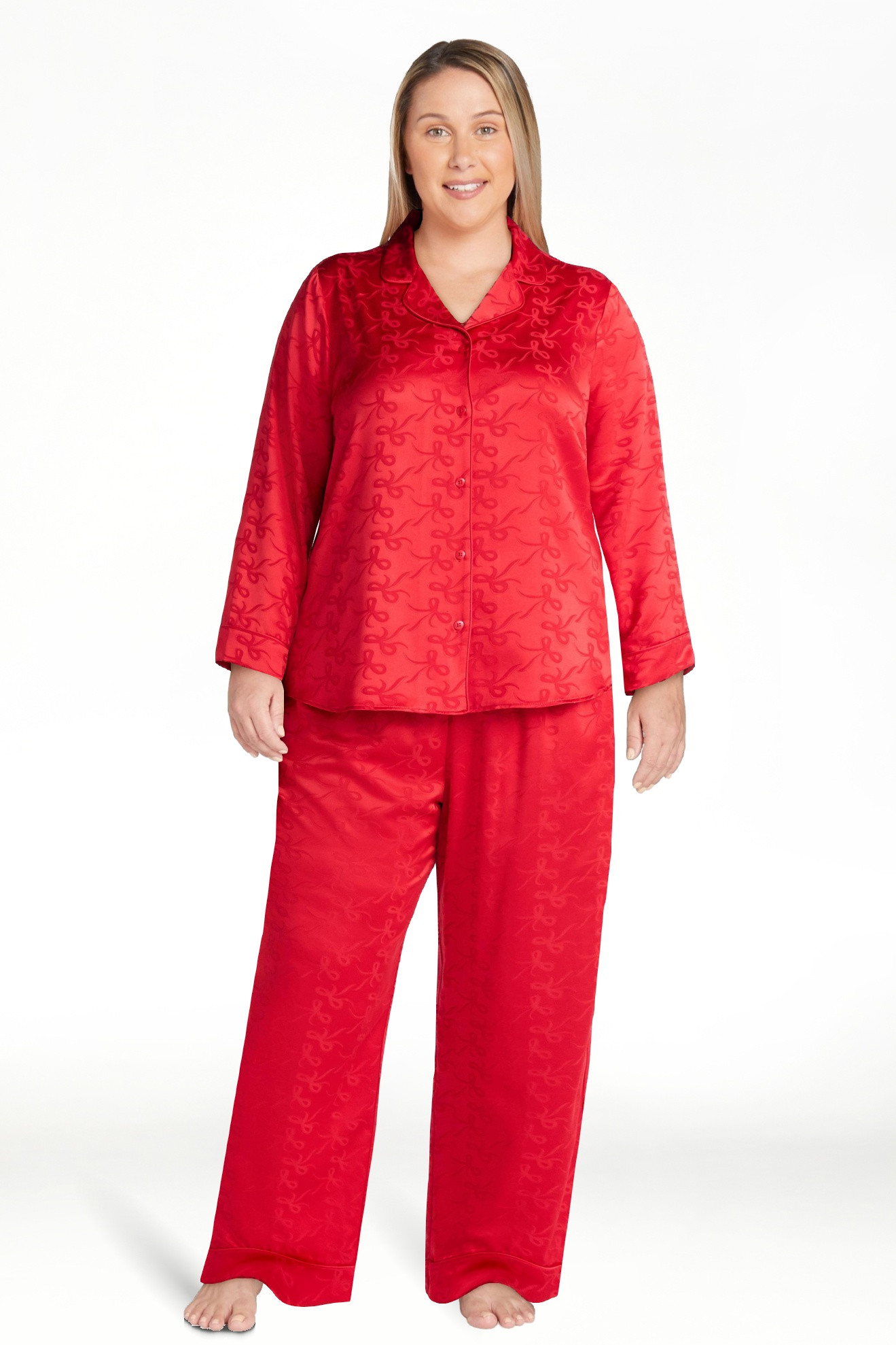 Joyspun Women’s Stretch Satin Notch Long Sleeve Top and Pants Pajama Set, 2-Piece, Sizes XS-3X | Walmart (US)