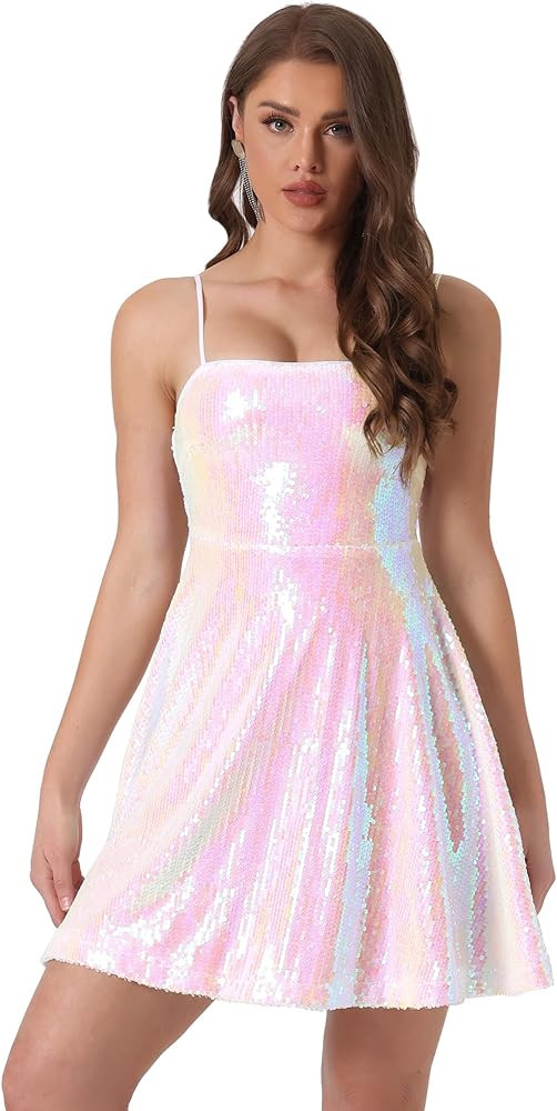 Allegra K Women's Glitter Sequin Dress Sexy Spaghetti Strap Sleeveless Mini Party Dress Clubwear | Amazon (US)