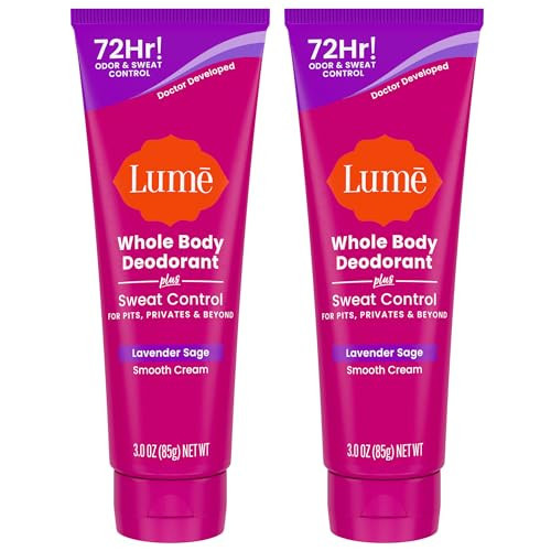 Lume Whole Body Deodorant Plus Sweat Control - Smooth Cream Tube - 72 Hour Odor And Sweat Control - Baking Soda Free, Skin Loving - 3.0 ounce (Pack of 2) (Lavender Sage) | Amazon (US)