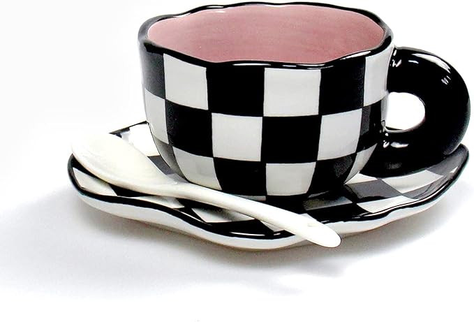 Porcelain Cappuccino Cups with Saucers, Hand Painted Checkerboard Coffee Cup With Saucer, Ceramic... | Amazon (US)