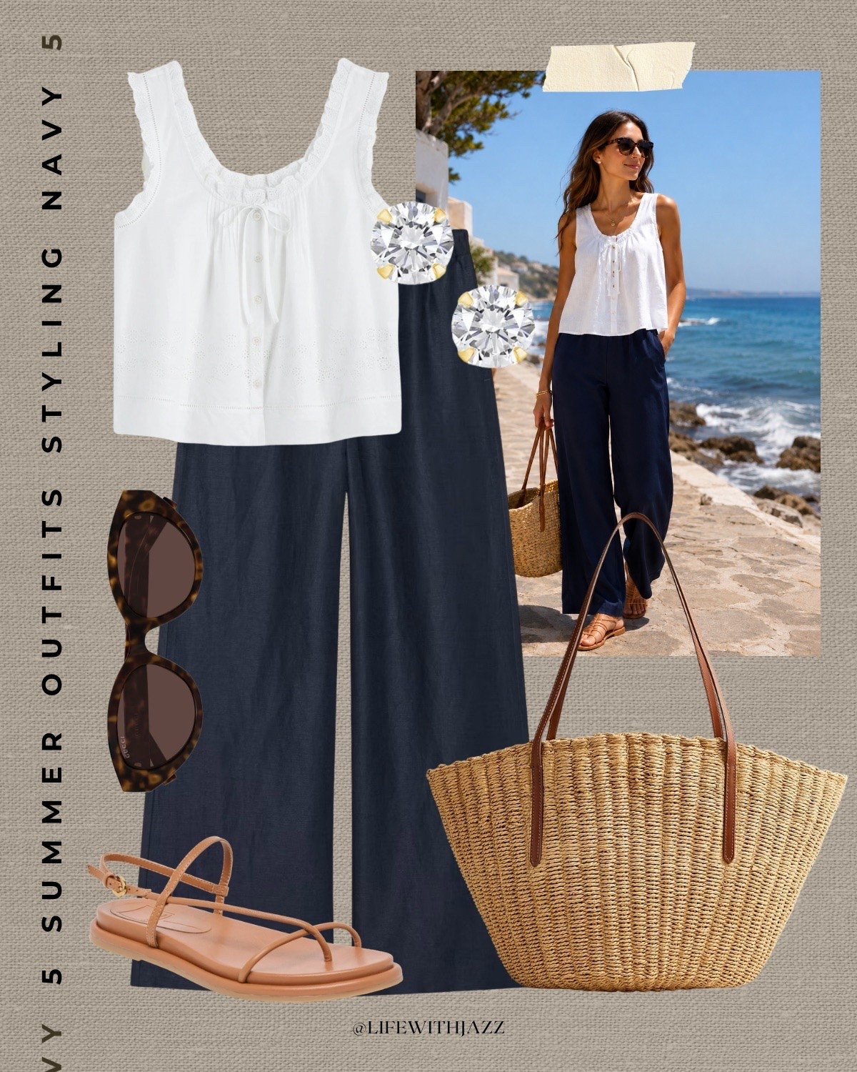 Summer outfit styling navy 

Europe outfit / elevated style / cute summer top / aritzia linen lodge pull on pants / sunglasses / strappy sandals / straw tote / relaxed style

#LTKootd