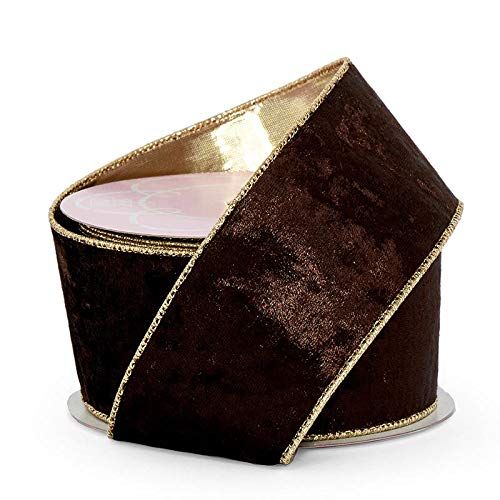 Soft Velvet with Metallic Backing Wired Ribbon - 2-1/2" X 10Yd - Seal Brown/Gold | Amazon (US)