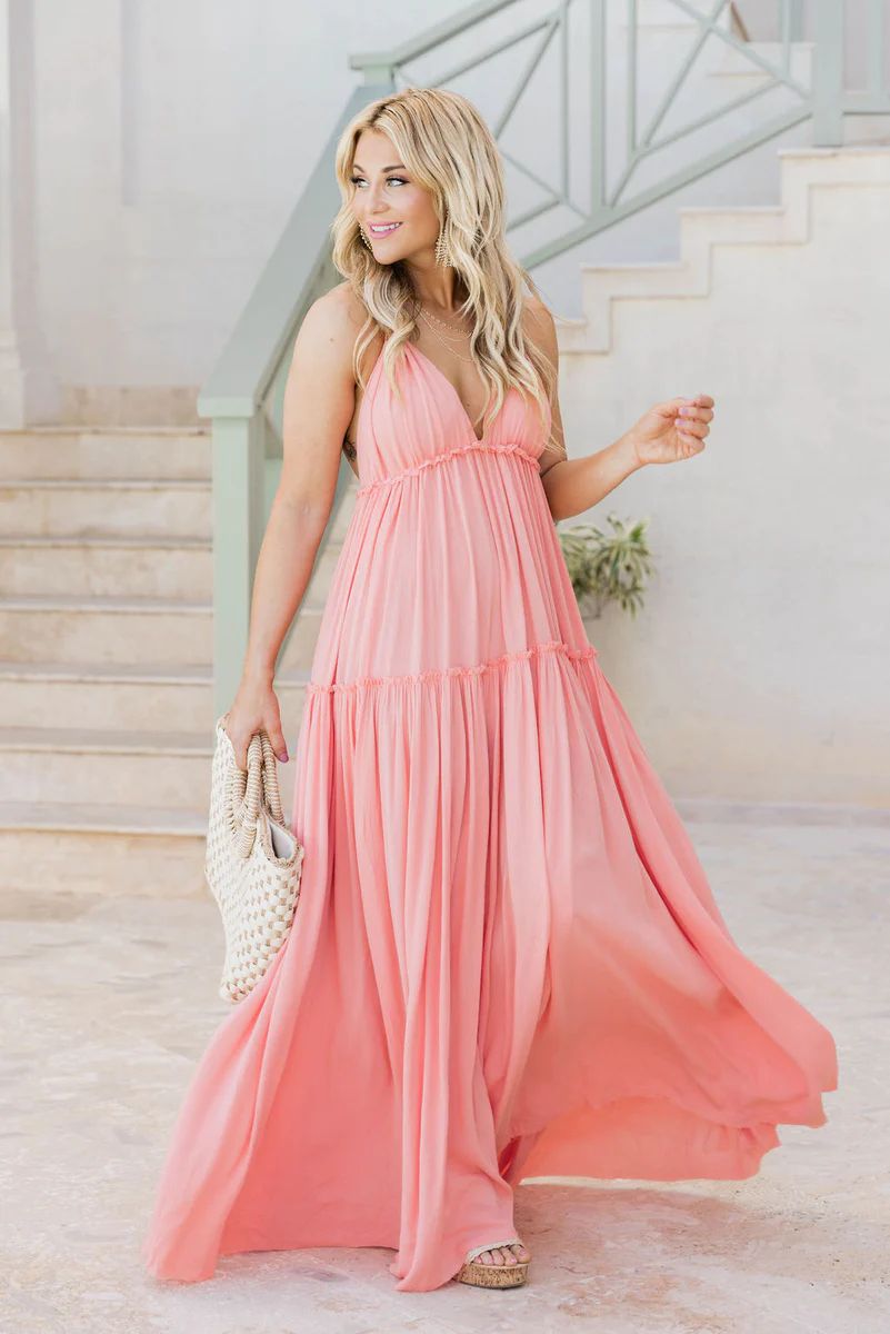 Daybreak Skyline Coral Halter Maxi Dress | Pink Lily