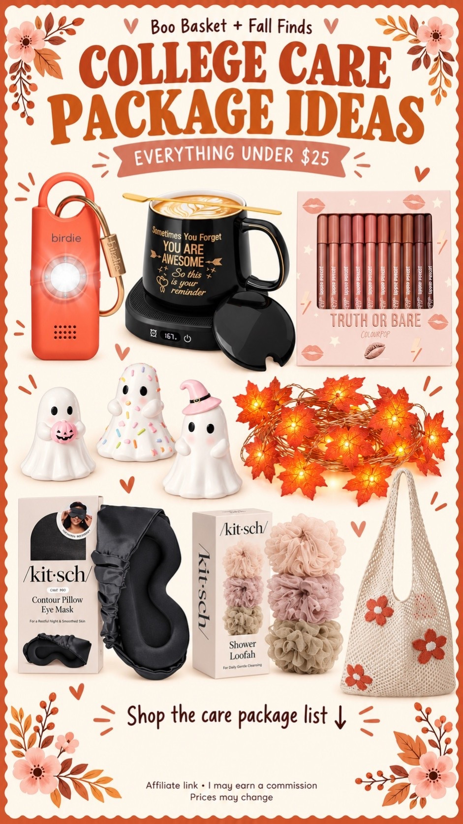 Fall College Care Package 

All items currently in Prime Sale! 

A little “thankful for you” surprise 🧡📦

#BooBasketIdeas #CollegeCarePackage #FallGiftIdeas #DormDecor
#HalloweenDecor
#FallDecor

college care package essentials, boo basket fillers, Birdie personal alarm, mug warmer gift set, pastel ghost decor, fall leaf string lights, satin sleep mask, ColourPop lip liners, floral crochet tote, self-care gifts