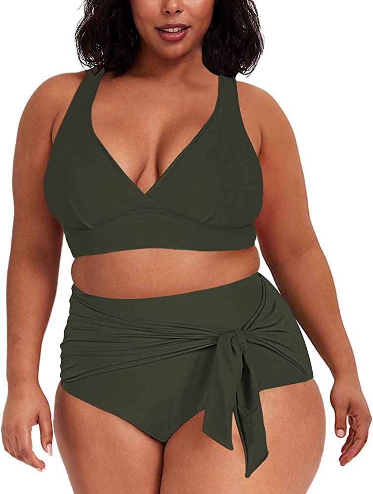 AOHITE Women's Plus Size Swimsuits V Neck Strappy High Waisted Knotted Bathing Suits for Women Sw... | Amazon (US)