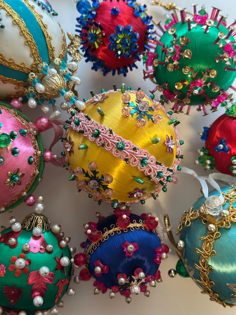 Vintage Beaded Sequin Push Pin Christmas Ornaments, MCM Baubles, Satin Ball Beaded Crystals Pearl... | Etsy (US)