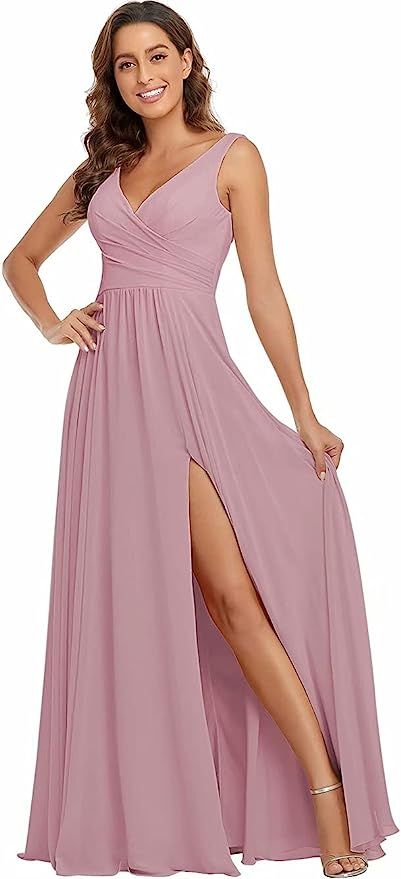 Womens Chiffon Bridesmaid Dresses Long Split V Neck Prom Dress with Pleated for Wedding Formal Dr... | Amazon (US)