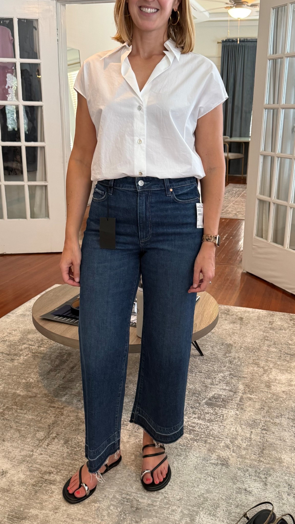 Cool mom fit check.  My client loved this laid back, polished look. 

Top runs big, she’s an 8 kept small
Jeans are true
Sandals are true, and you can wear the straps two different ways!

#LTKOver40 #LTKStyleTip #LTKU