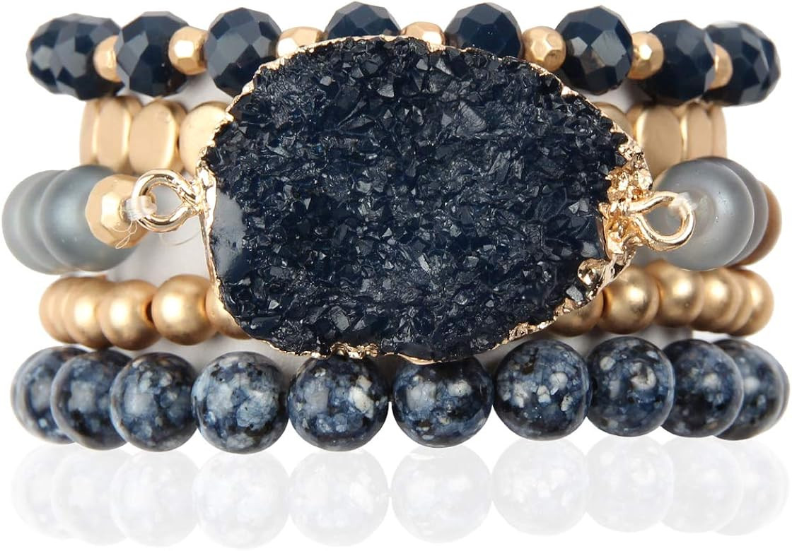 RIAH FASHION Bohemian Acrylic Druzy Multi-Layer Bead Statement Bracelet - Versatile Faux Stone Penda | Amazon (US)