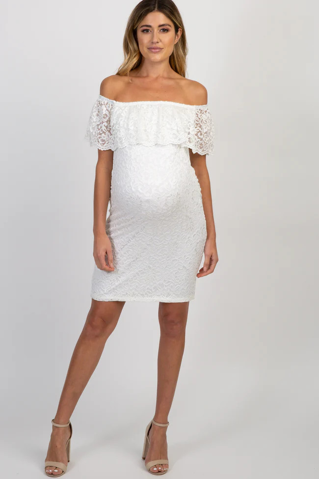 White Lace Off Shoulder Fitted Maternity Dress | PinkBlush Maternity
