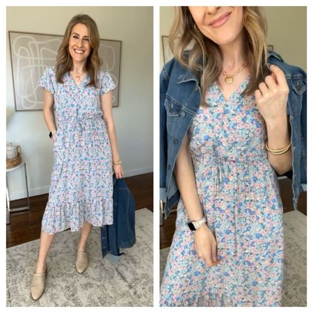 This dress is selling out fast but it’s so pretty and flattering, I hope you can find one! Comes in three prints. Fits tts, I’m in a small. Has pockets and functional buttons. Denim jacket size small; mules are comfy! 👏💕 #walmartfashion 

#LTKfindsunder50 #LTKfindsunder100 #LTKover40