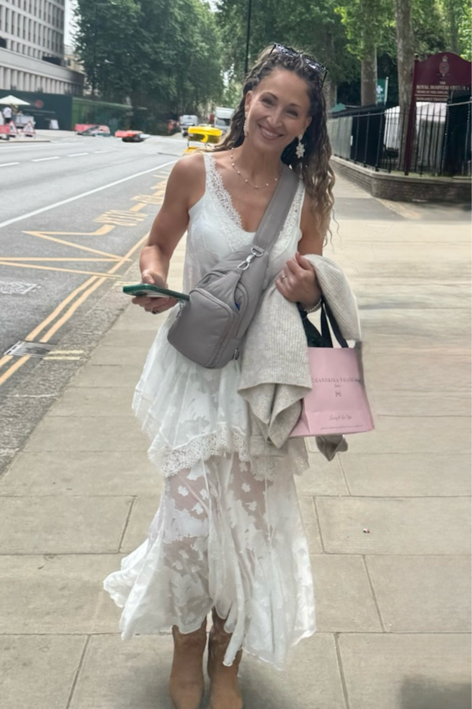 Sweet, sheer separates. My Chelsea Flower Show getup!  Absolutely adorable. The fabric is sheer…but layering the slip top over the slip bottom and then wearing a silky lace short lace short underneath gave way to perfect modesty with a touch of sexiness. I paired it all with my super affordable and comfortable tan cowboy boots. Pieces can be worn together…or as separates. Great for layering!  

#LTKootd