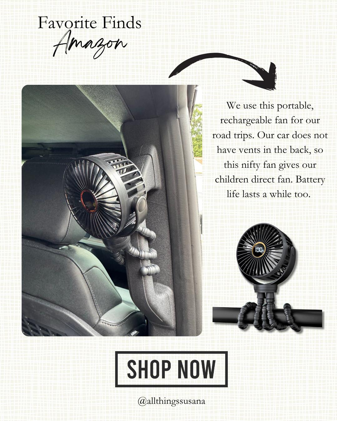 We use this portable rechargeable fan for our road trips. Our car does not have vents in the back, so this nifty fan gives our children direct fan. Battery life lasts a while too. 

 #LTKHome #LTKBaby #LTKFamily