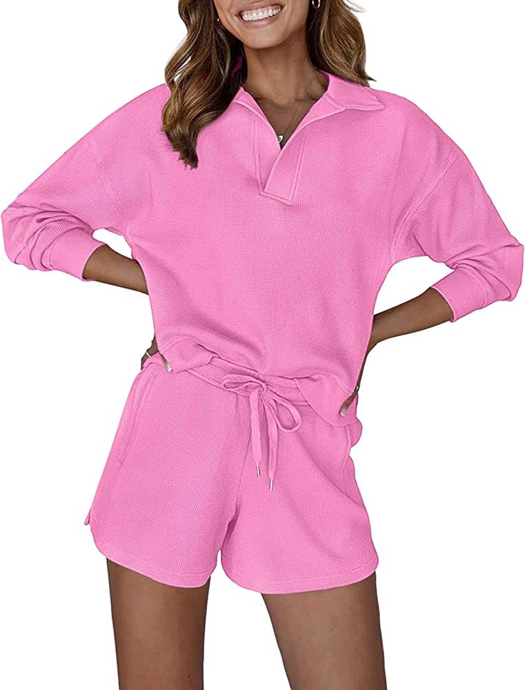 MEROKEETY Women's 2 Piece Waffle Knit Lounge Sets Long Sleeve Shorts Outfits Pjs with Pockets | Amazon (US)