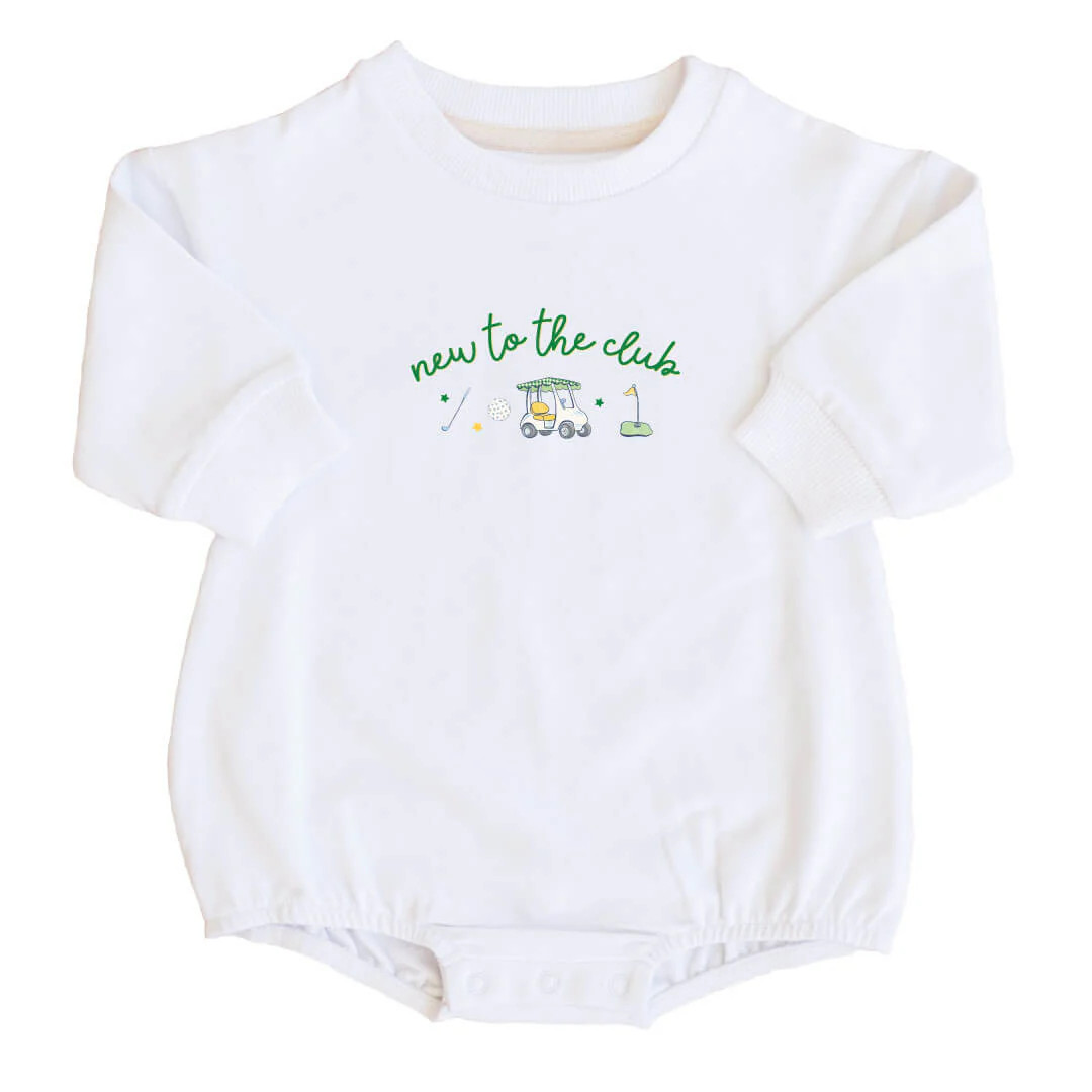 New To The Club Graphic Sweatshirt Bubble Romper | White | Caden Lane