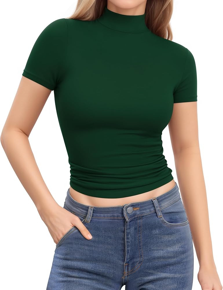 MANGOPOP Women's Mock Neck Shirt Double Lined Short Sleeve Turtleneck Tops for Women Basic Tight ... | Amazon (US)