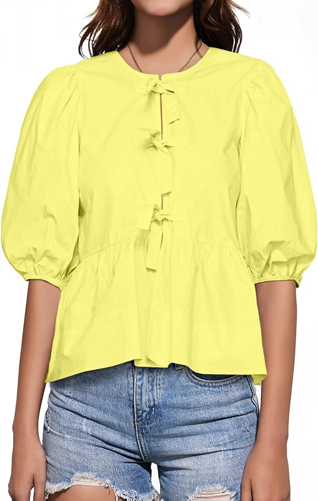 Tankaneo Womens Tie Front Tops Summer Peplum Babydoll Puff Short Sleeve Blouse Cute Cotton Shirts | Amazon (US)