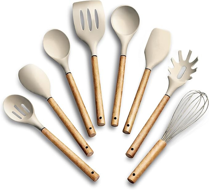 Country Kitchen Non Stick Silicone Utensil Set with Rounded Wood Handles for Cooking and Baking, ... | Amazon (US)