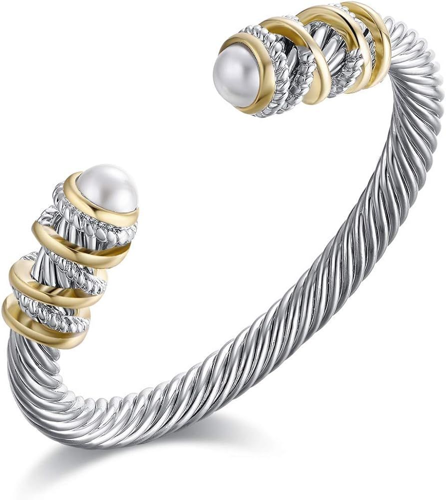 Eastbon Twisted Cable Bracelet with Composite Shell Pearl 6" Antique Cuff Bracelets for Women | Amazon (US)