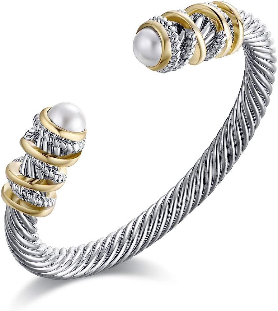 Twisted Cable Bracelet with Composite Shell Pearl 6" Antique Cuff Bracelets for Women, Mother’s Day  | Amazon (US)