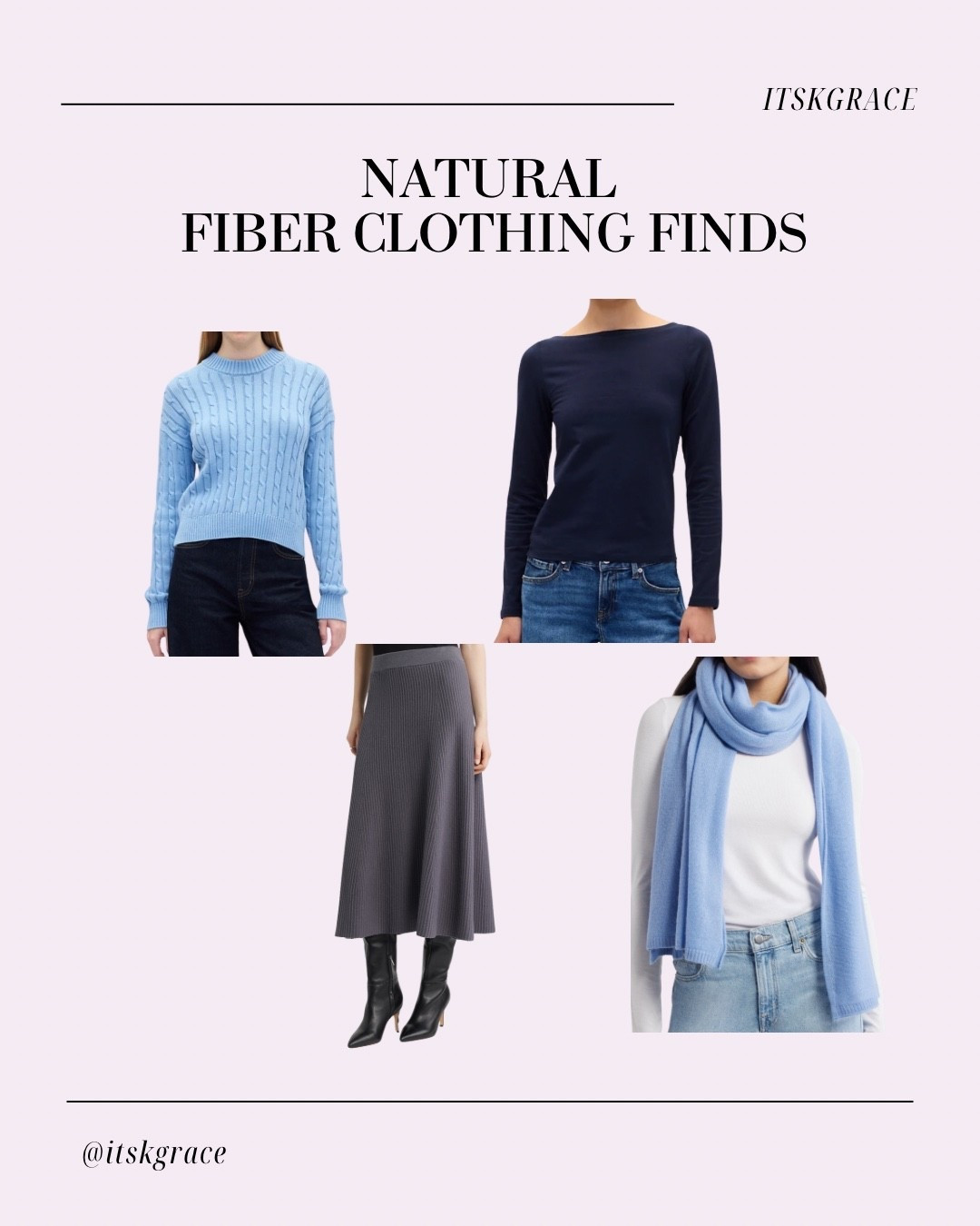 Some winter staples made of natural fibers!! Cashmere scarf, cotton/cashmere skirt, cotton boat neck long sleeve ($12 for a perfect staple), adorable blue cotton knit sweater. 

#LTKFindsUnder100 #LTKCyberWeek #LTKWorkwear