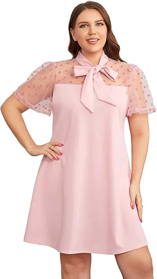OYOANGLE Women's Plus Size Short Sleeve Dress Contrast Mesh Bow Tie Neck A-Line Party Dress | Amazon (US)