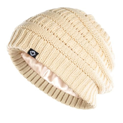 Funky Junque Oversized Satin Lined Slouchy Beanie Hat for Women, Funky Winter Style, Fits Braids Dreads Buns, Protects Hair - Beige | Amazon (US)
