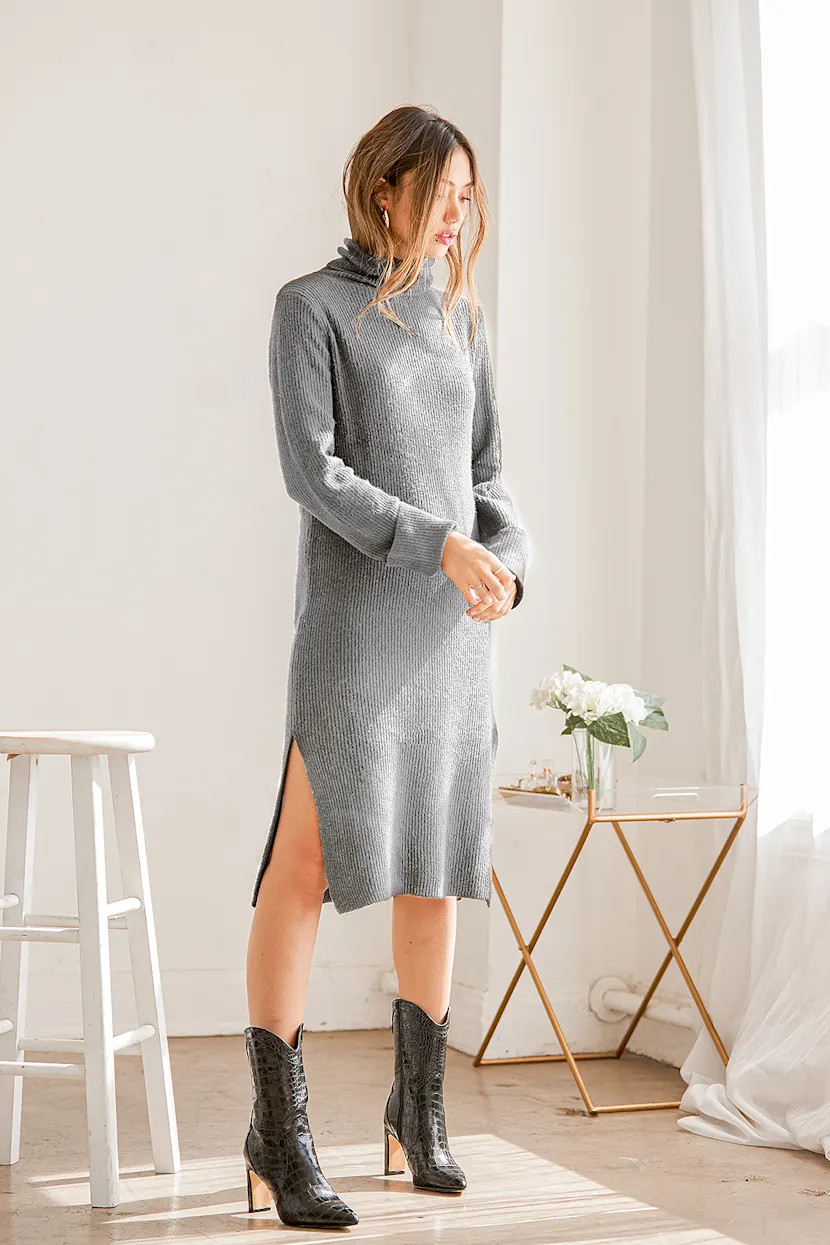 Snuggled Up Light Grey Knit Turtleneck Midi Sweater Dress | Lulus (US)