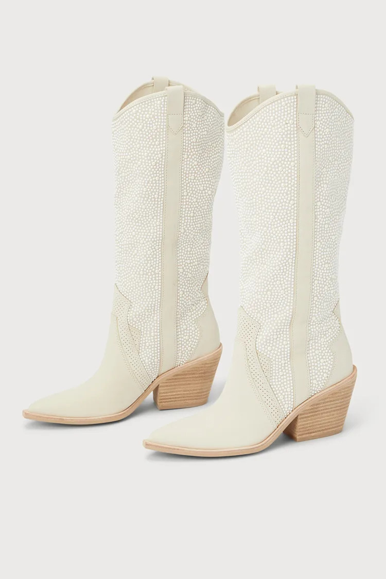 Navene Off-White Leather Pearl Knee-High Western Slip-On Boots | Lulus (US)