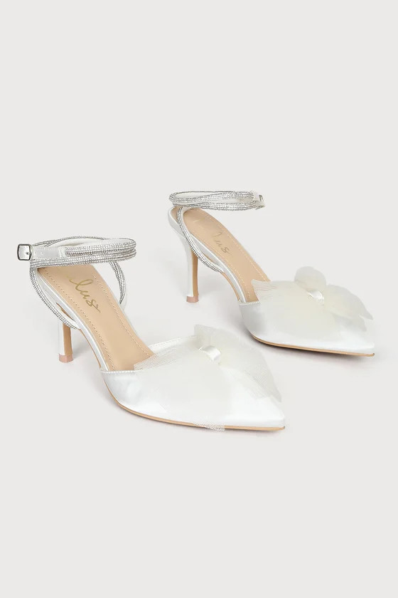 Lelanee White Satin Rhinestone Bow Ankle Strap Pumps | Lulus (US)