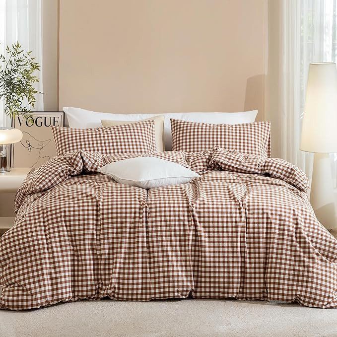 JIYUAN Queen Washed Cotton Duvet Cover Set, 3-Piece,Classic Gingham | Amazon (US)