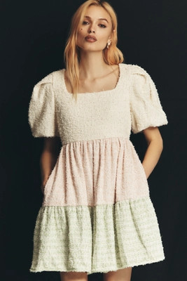 English Factory Puff-Sleeve Colorblock Mini Babydoll Dress | Anthropologie (US)