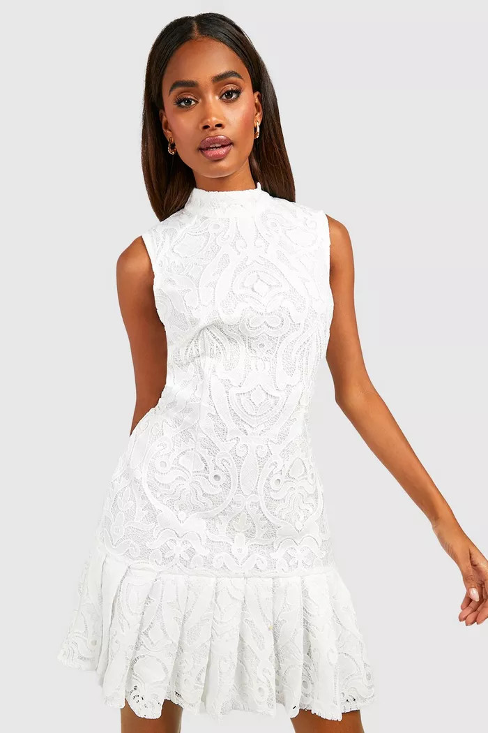 Premium Crochet Lace Frill Hem Mini Dress | boohoo (US & Canada)
