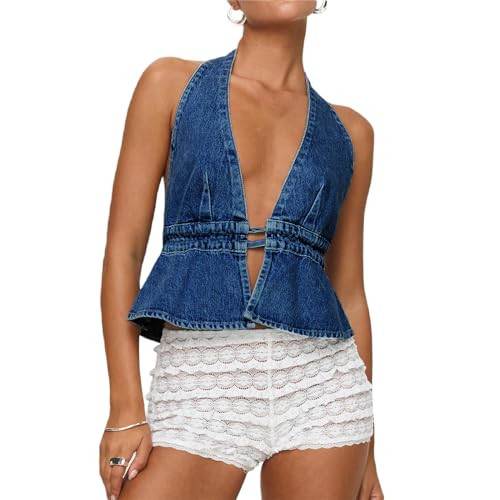 Women Y2k Sexy Denim Vest Sleeveless Backless Halter Tank Tops Deep V Neck Tie Back Jean Vest Top Streetwear (Dark Blue, L) | Amazon (US)