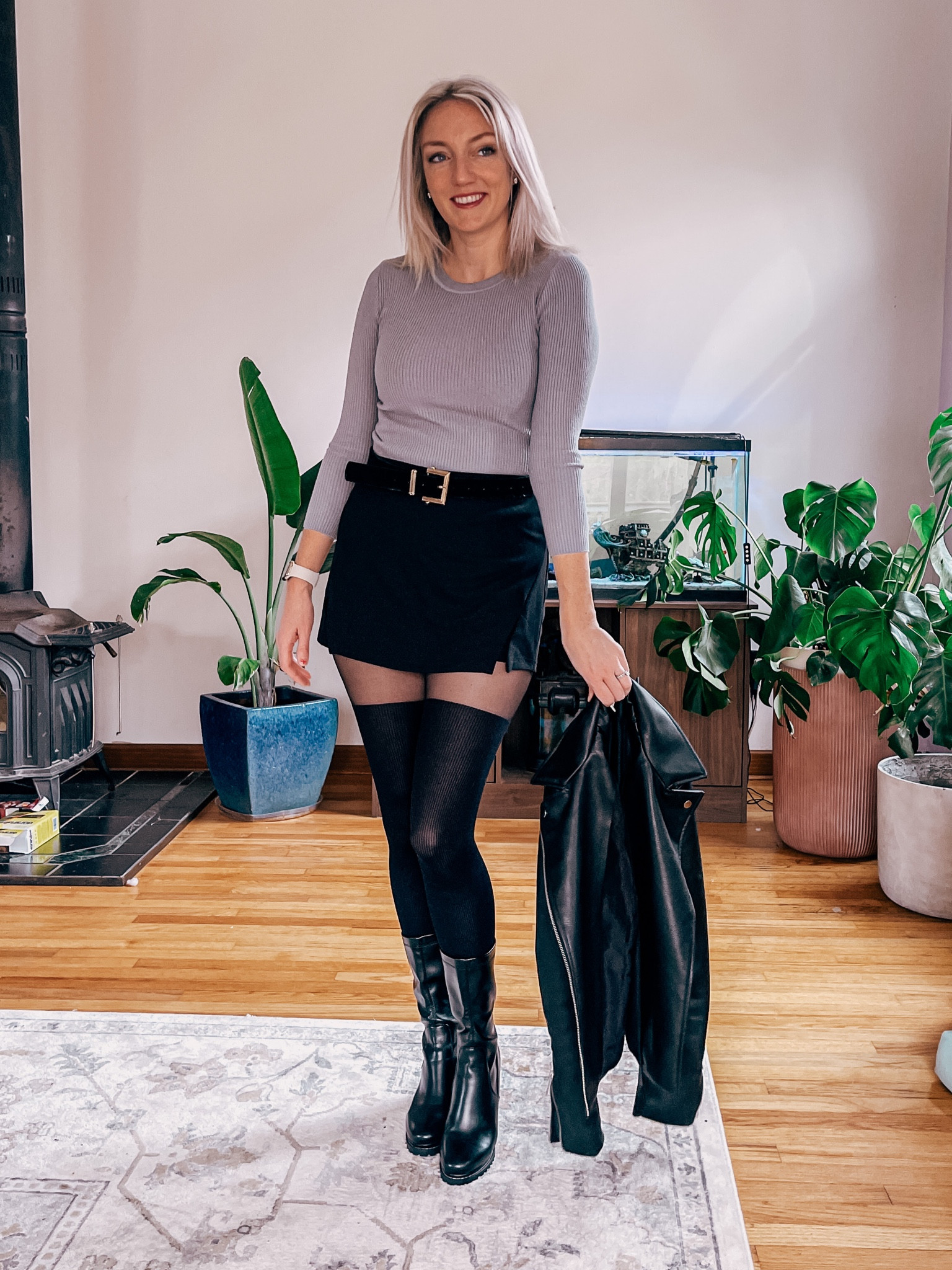 SheIn from head to toe! This skirt is actually shirts (skort). I'm wearing my normal size 6. Belt is separate. These nylons are so cute and look like stockings. Material is a bit thicker in the black part. Great quality!

#LTKtravel #LTKSeasonal #LTKunder50