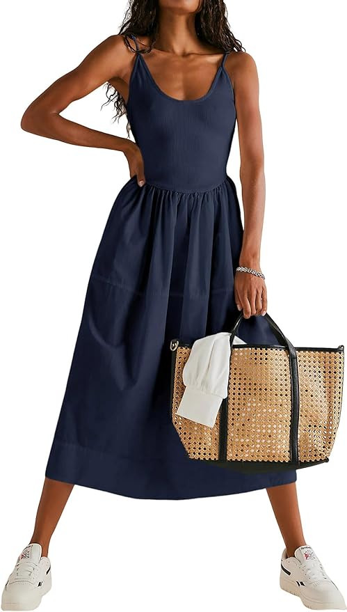 Fisoew Womens Spaghetti Strap Dress V Neck Backless Summer Casual A Line Cami Dress with Pocket | Amazon (US)