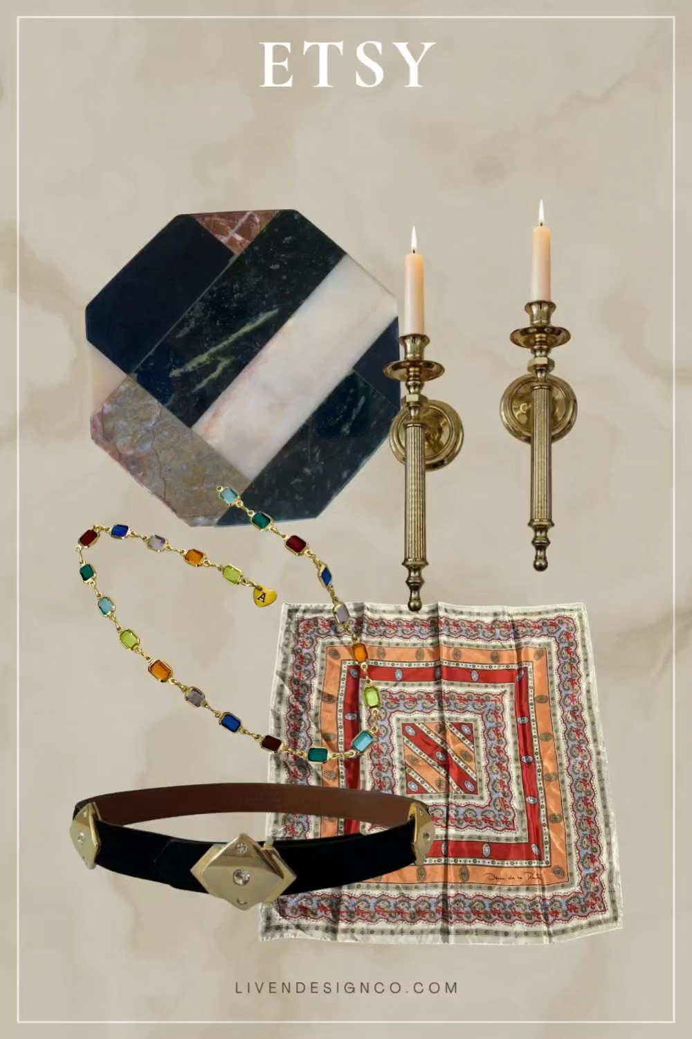 Etsy finds. Vintage fashion. Vintage decor. Brass candle sconces. Multicolor marble stone cheese platter. Serving board. Geometric cutting board. Vintage scarf. Silk satin scarf. Paisley scarf. Crystal multicolor gemstone baguette necklace. Vintage statement black and gold belt

#LTKSeasonal #LTKHome #LTKSaleAlert