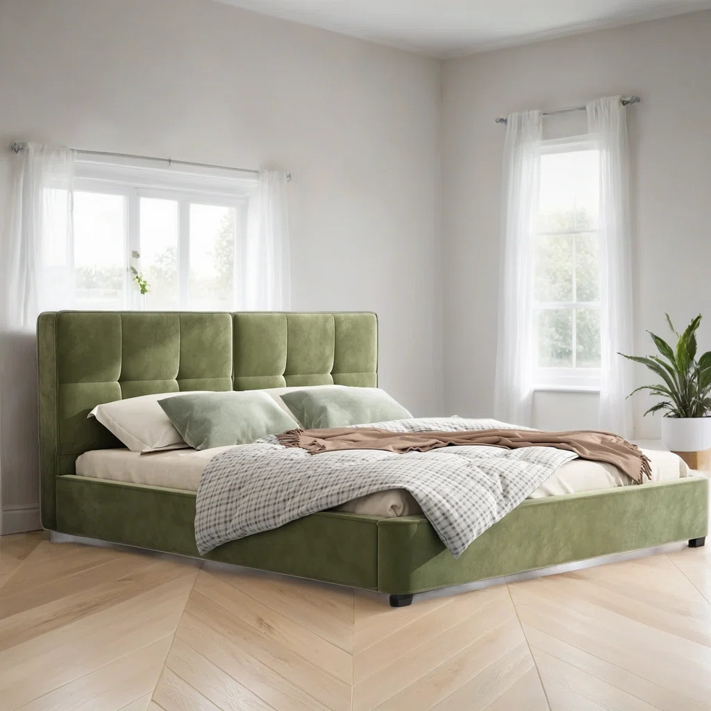 Olive Green King Size Velvet Bed Frames, Upholstered Platform Bed with Curved Tufted Headboard, N... | Wayfair North America