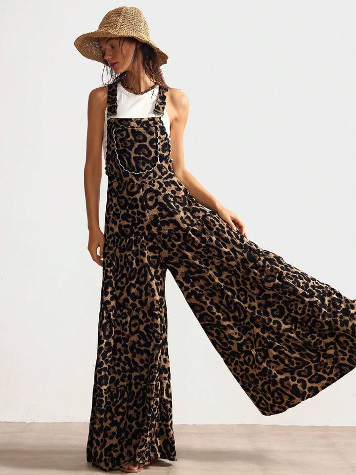 Bohemela BOHO Western Style Vacation Casual Knitted Leopard Print Wide Leg Bib Overalls | SHEIN