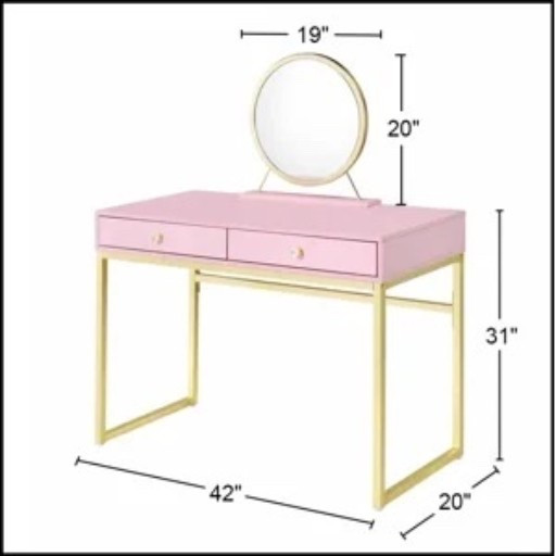 This pink vanity desk from Wayfair has such a fun little dressing-room feel. The soft blush finish with the slim gold-tone frame is pretty without feeling too sweet, and the round mirror keeps everything looking clean and simple. It’s 42” wide with two roomy drawers and a jewelry tray, so there’s space for makeup, skincare, and the little things that usually end up all over the counter. Such a cute setup for a bedroom or getting-ready corner.