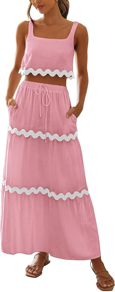 PRETTYGARDEN Women's Summer 2 Piece Beach Outfit Casual Sleeveless Cropped Tank Top High Waisted ... | Amazon (US)